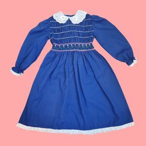 Girl's Vintage 70's Polly Flinders Navy Smocked Dress